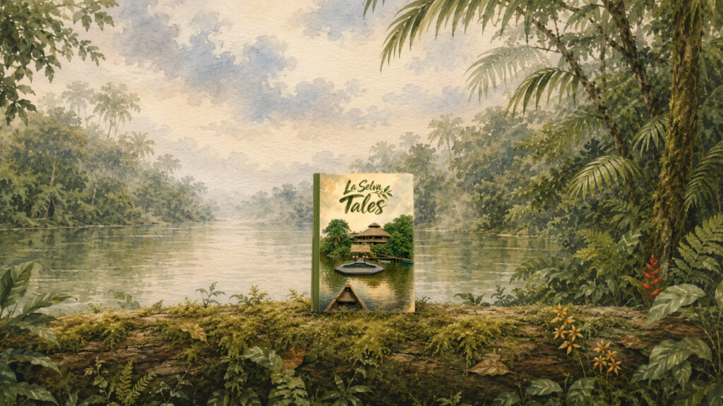 Serene river scene with eco-lodge
